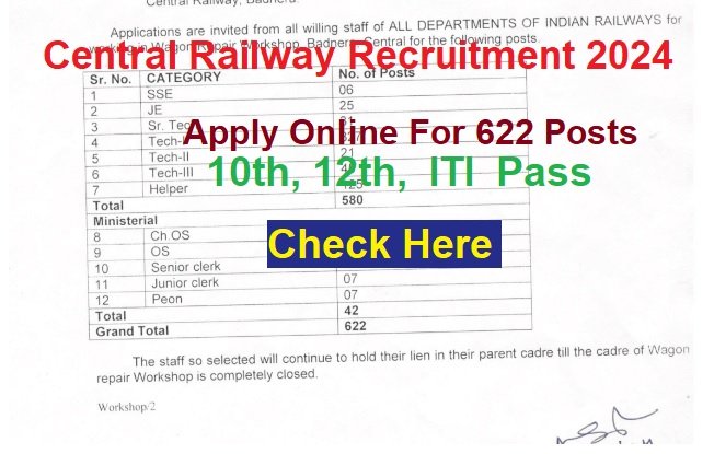 Central Railway Helper Technician Various Post Recruitment 2024 Apply Online For 622 Posts, @rrccr.com